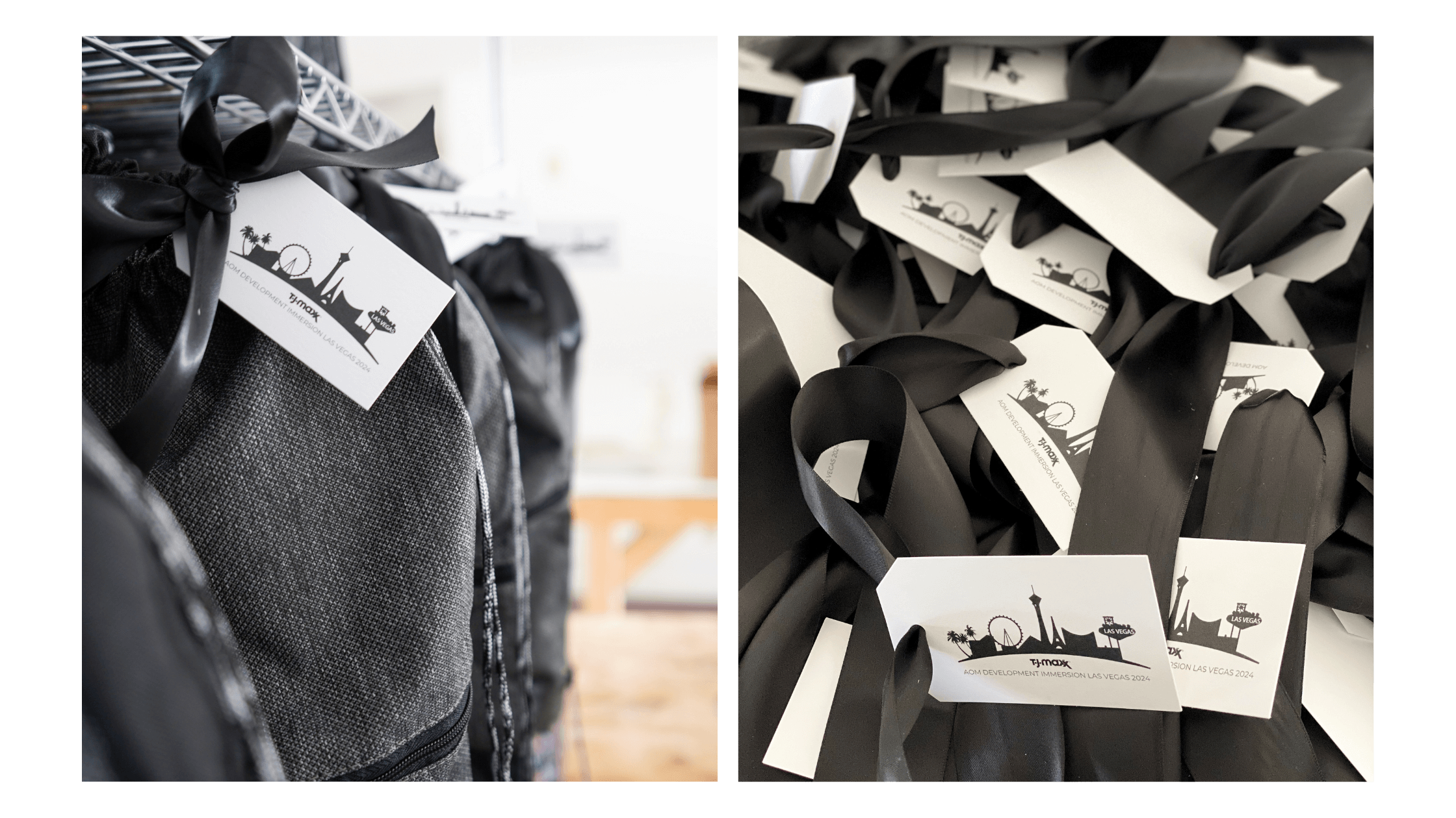 Conference attendee gifts on a welcome table, featuring custom-branded tote bags and notebooks