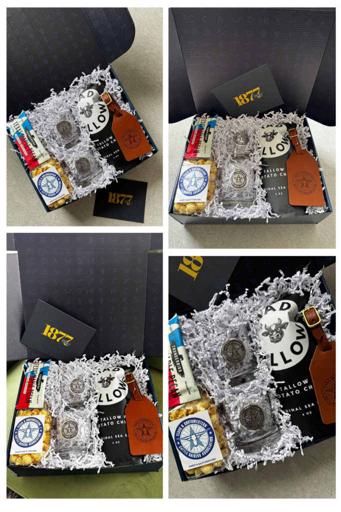 Finished custom corporate gift box for the Texas & Southwestern Cattle Raisers Association - branded mailer, medallion rocks glasses, leather tag, popcorn and Texas snacks