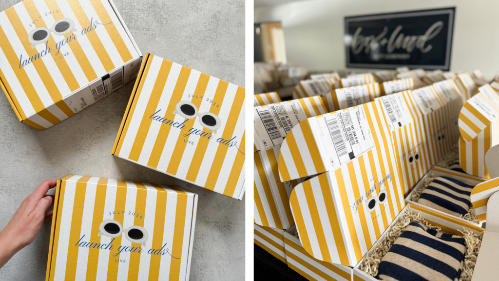 Yellow and white striped events gifting boxes labeled "Launch Your Ads Live July 2025" stacked and ready for shipment with UPS labels.