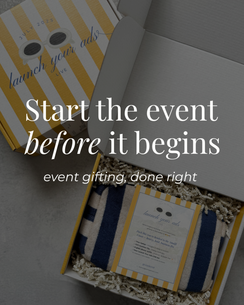 Open events gifting box revealing a navy striped towel and welcome card, with text reading "Start the event before it begins."